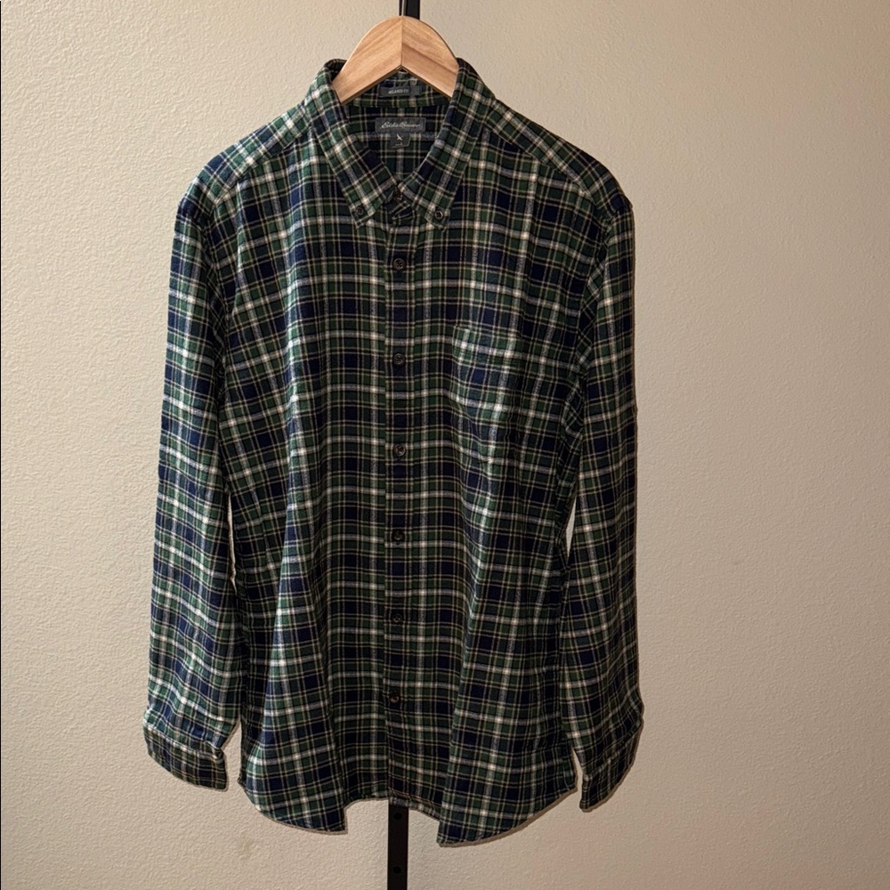 VTG Eddie Bauer Relaxed Fit Button Down Plaid Flannel Shirt Green Blue Men’s L